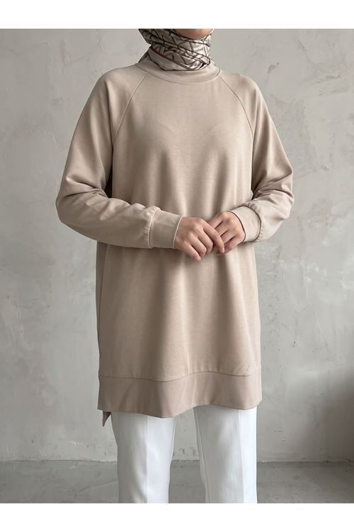 TUN06013-BEJ Reglan Kol Manşetli Pike Tunik-Bej