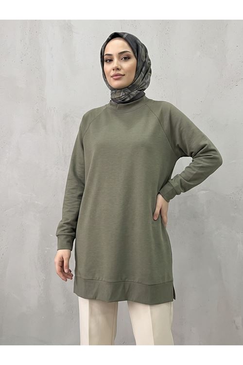 TUN06013-HKİ Reglan Kol Manşetli Pike Tunik-Haki