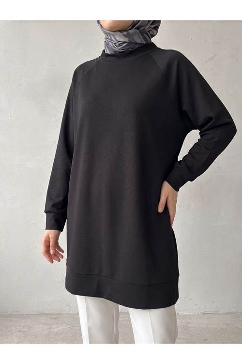 TUN06013-SYH Reglan Kol Manşetli Pike Tunik-Siyah