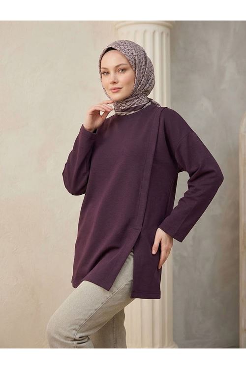 TUN06011-BRD Yan Hareket Yırtmaç Detay Oysh Tunik-Bordo
