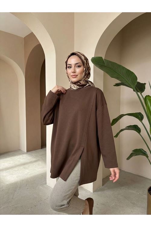 TUN06011-P102 Yan Hareket Yırtmaç Detay Oysh Tunik-Açık Kahve