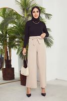 PNT01448-TAŞ Kadın Beli Lastikli Bağlama Detaylı Geniş Paça Tesettür Pantolon-Taş