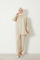 PİT00446-TAŞ Roba Detay Pantolonlu Keten Takım-Taş