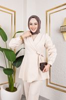 PİT00466-KRM Kuşak Detay Ceketli Takım-Krem