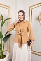 TUN05880-CRM Yarım Pat Önden Bağlamalı Tunik-Karamel