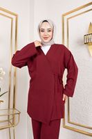 PİT00473-BRD Yan Bağlamalı Pantolonlu Takım-Bordo