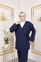 PİT00473-LCV Yan Bağlamalı Pantolonlu Takım-Lacivert
