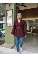 CKT01784-BRD Geniş Manşet Kuşak Detay Ceket-Bordo