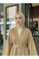 CKT01784-CRM Geniş Manşet Kuşak Detay Ceket-Karamel