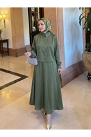 EİT00106-HKİ Omuz Pile Detay Saten Etekli Takım-Haki