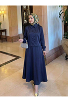 EİT00106-LCV Omuz Pile Detay Saten Etekli Takım-Lacivert