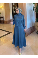 EİT00106-PMV Omuz Pile Detay Saten Etekli Takım-Petrol Mavisi