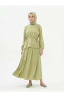 EİT00109-69 Omuz Aksesuar Pile Detay Etekli Takım-YAĞ YEŞİLİ