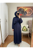 ELB04118-LCV Bağlama Detaylı İkili Saten Elbise-Lacivert