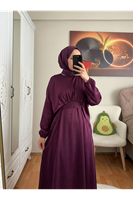 ELB04118-MRD Bağlama Detaylı İkili Saten Elbise-Mürdüm