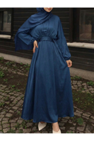 ELB04118-PMV Bağlama Detaylı İkili Saten Elbise-Petrol Mavisi
