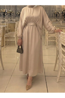 ELB04118-TAŞ Bağlama Detaylı İkili Saten Elbise-Taş