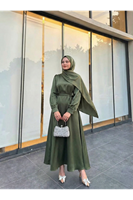 ELB04119-HKİ Kuşak Detay Saten Elbise-Haki