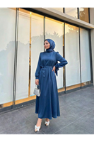 ELB04119-PMV Kuşak Detay Saten Elbise-Petrol Mavisi