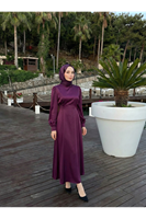 ELB04120-MRD Kuşak Aksesuar Detay Saten Elbise-Mürdüm