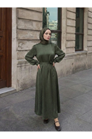 ELB04121-HKİ Saten Taşlı Elbise-Haki