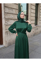 ELB04121-ZMR Saten Taşlı Elbise-Zümrüt Yeşili