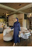 ELB04122-LCV Yanlar Birit Bağlamalı Elbise-Lacivert