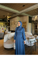 ELB04122-PMV Yanlar Birit Bağlamalı Elbise-Petrol Mavisi