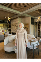 ELB04122-TAŞ Yanlar Birit Bağlamalı Elbise-Taş