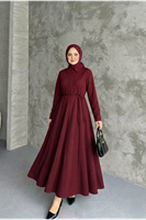 ELB04124-BRD Yaka Fermuar Detay Elbise-Bordo