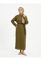 ELB04128-69 Pilise Dokulu Kemer Detay Elbise-YAĞ YEŞİLİ