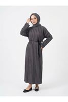 ELB04128-ANT Pilise Dokulu Kemer Detay Elbise-Antrasit