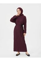 ELB04128-BRD Pilise Dokulu Kemer Detay Elbise-Bordo