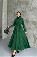 ELB04124-ZMR Yaka Fermuar Detay Elbise-Zümrüt Yeşili