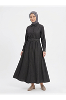 ELB04133-SYH Kaplama Kemer Detay Patlı Elbise-Siyah