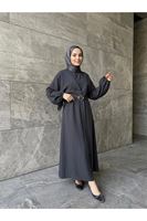 ELB04135-ANT Önden Bağlamalı Aksesuar Detay İkili Elbise-Antrasit