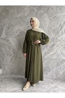 ELB04135-HKİ Önden Bağlamalı Aksesuar Detay İkili Elbise-Haki