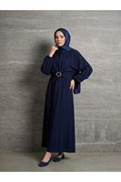 ELB04135-LCV Önden Bağlamalı Aksesuar Detay İkili Elbise-Lacivert