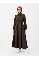 ELB04136-KHV Yakalı Fermuar Detay Elbise-Kahve