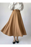 MOE02806-145 Kemerli Kloş Etek-Karamel