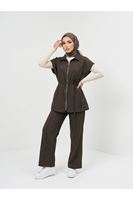 PİT00505-KHV Yelek Fermuar Detay Pantolon Çımalı Takım-Kahve