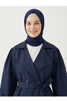 TRÇ00145-LCV Düğmeli Kruveze Uzun Trenç-Lacivert