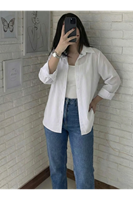 TUN05837-BYZ Kadın V Yaka Süveter Gömlek Yazlık Trend Modest Tesettür Tunik-Beyaz