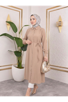 TUN05879-PDR Arka Roba Omuz Pile Uzun Tunik-Pudra