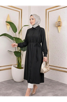 TUN05879-SYH Arka Roba Omuz Pile Uzun Tunik-Siyah