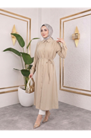 TUN05879-TAŞ Arka Roba Omuz Pile Uzun Tunik-Taş