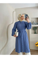 TUN05884-İND Hakim Yaka Omuz Büzgü Uzun Tunik-İndigo