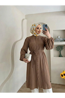 TUN05884-KHV Hakim Yaka Omuz Büzgü Uzun Tunik-Kahve