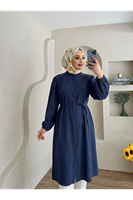 TUN05884-LCV Hakim Yaka Omuz Büzgü Uzun Tunik-Lacivert