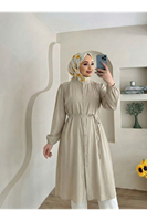 TUN05884-TAŞ Hakim Yaka Omuz Büzgü Uzun Tunik-Taş